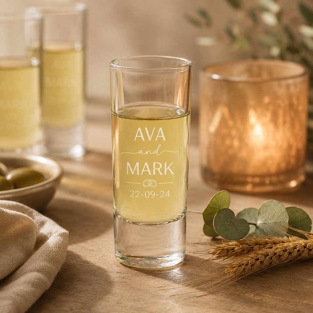 Schnapsglas Produktfoto neue Getränke Atmosphäre | Personalisierte Geschenke Graviertes Schnapsglas mit den Namen Ava und Mark in romantischer Umgebung