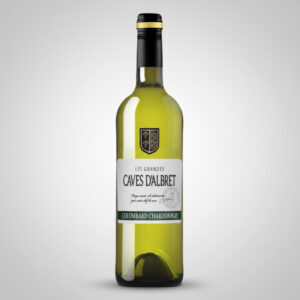 "Flasche Caves d'Albret Colombard Chardonnay Weißwein mit weißem Etikett und grünen Akzenten."