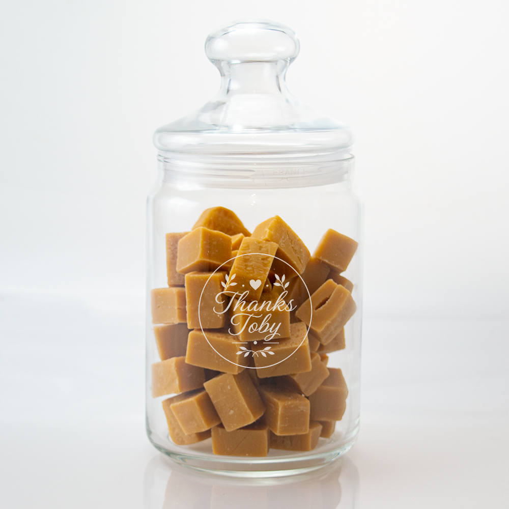 Dankeschön-Geschenk mit Gravur im Bonbonglas mit Namen und persönlichem Text