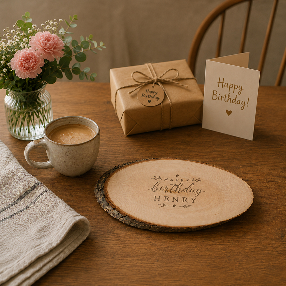 Baumscheibe mittel Geburtstag Stimmungsbild 2 1 | Personalisierte Geschenke Baumstamm-Gravur Geburtstag als persönliches Geschenk auf einem festlich gedeckten Tisch