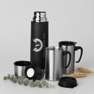 Thermoskannen-Set mit Becher neues Produktbild | Personalisierte Geschenke Thermoskannenset mit Becher aus schwarzem und silbernem Edelstahl