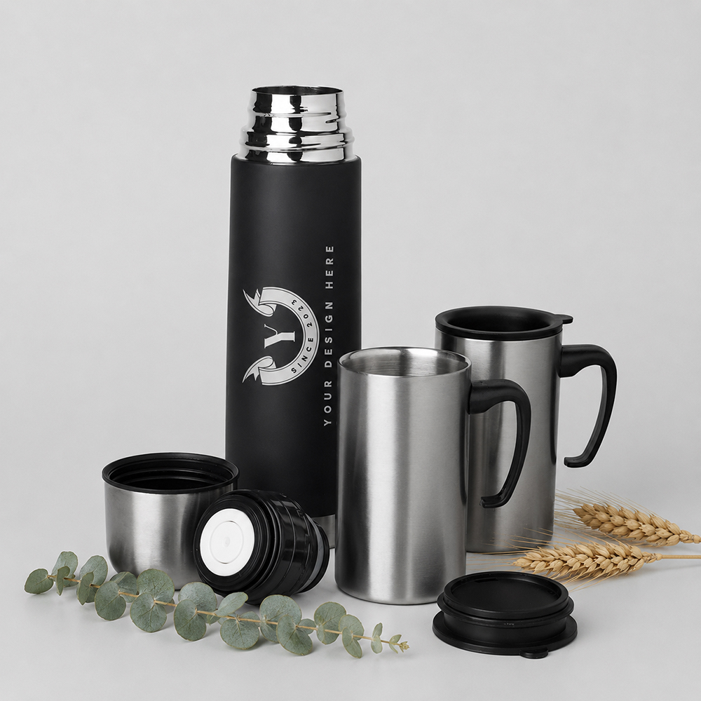 Thermoskannenset mit Becher aus schwarzem und silbernem Edelstahl