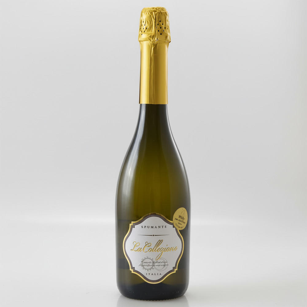 "Flasche Le Collezioni Spumante mit Goldfolie und elegantem weiß-goldenem Etikett."