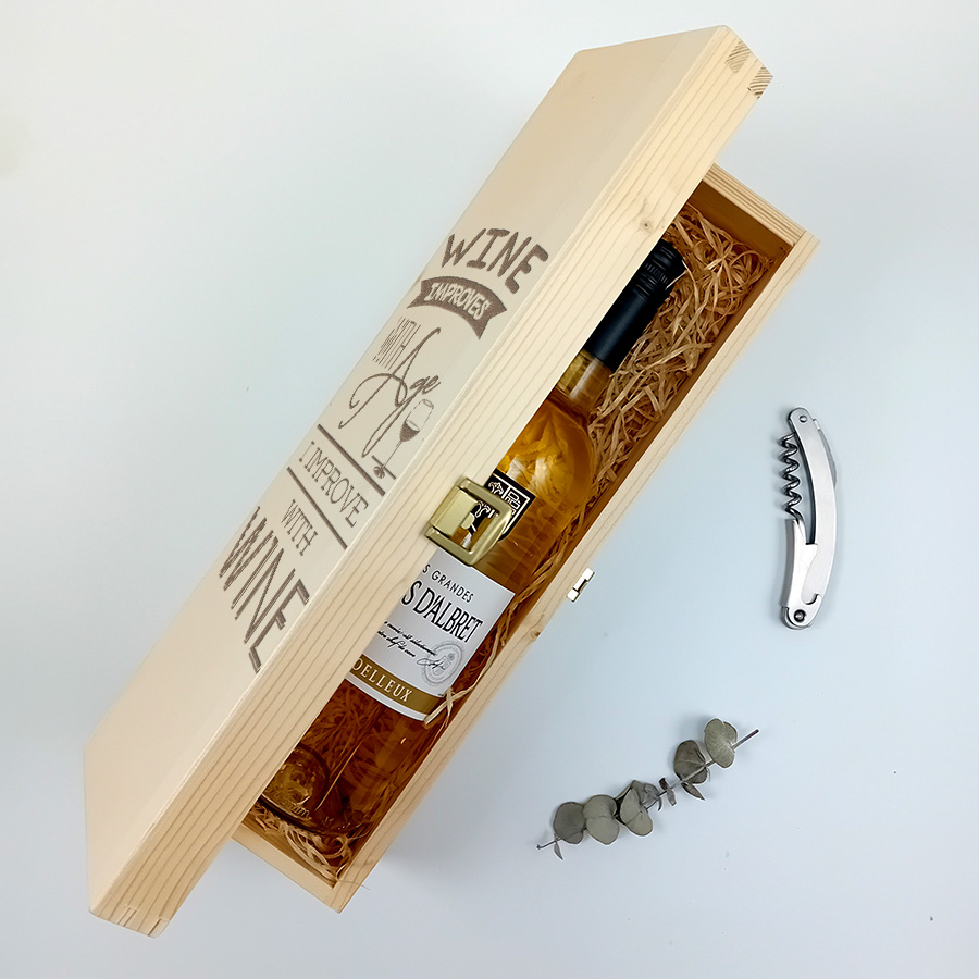Leichte Weinkiste mit Gravur und Verschluss, mit einem Fach, festliches und personalisiertes Geschenk.