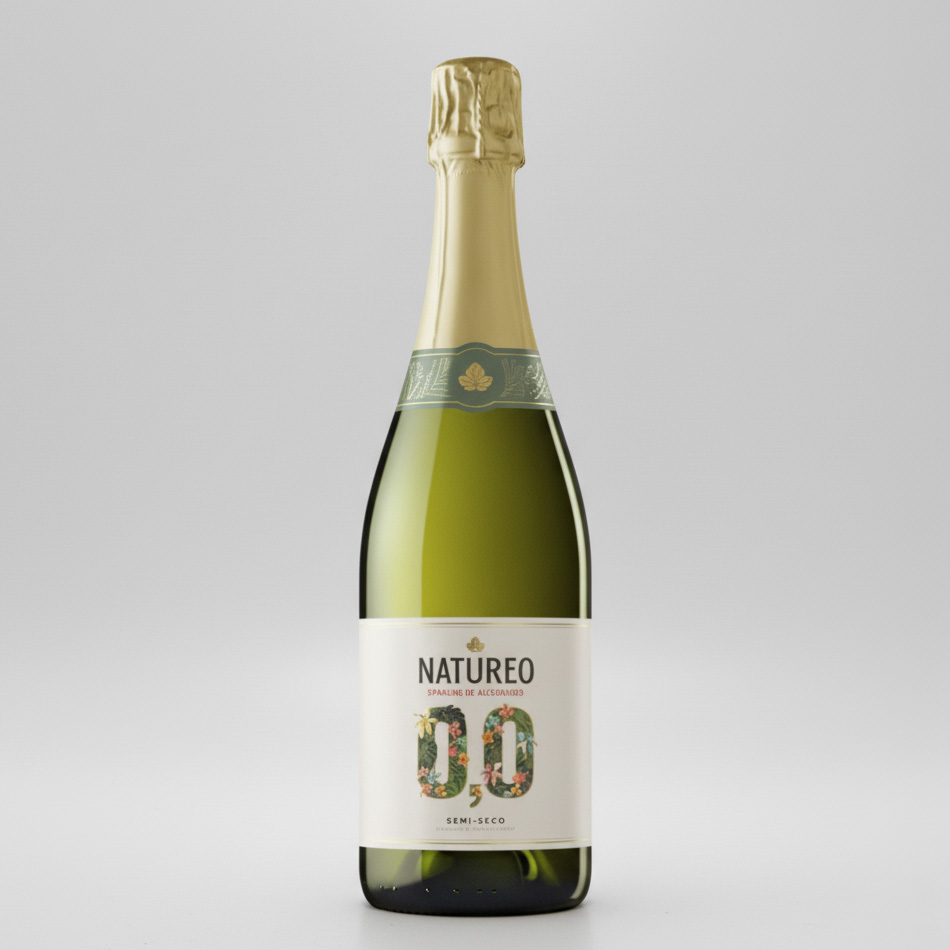 "Eine Flasche Natureo 0.0 semi-secret alkoholfreier Sekt mit Goldfolie und weißem Etikett."