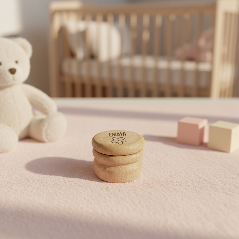 Baby-Haarspangenbox mit Namensgravur nahe Mädchenzimmer Stimmungsbild | Personalisierte Geschenke Haarspangenbox mit Namen im Mädchenzimmer in zarten Rosatönen