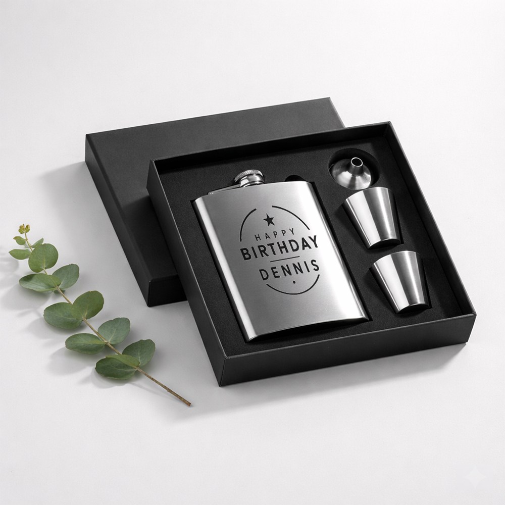 Flachmann Gravur Silber Geschenkset mit Name und Text